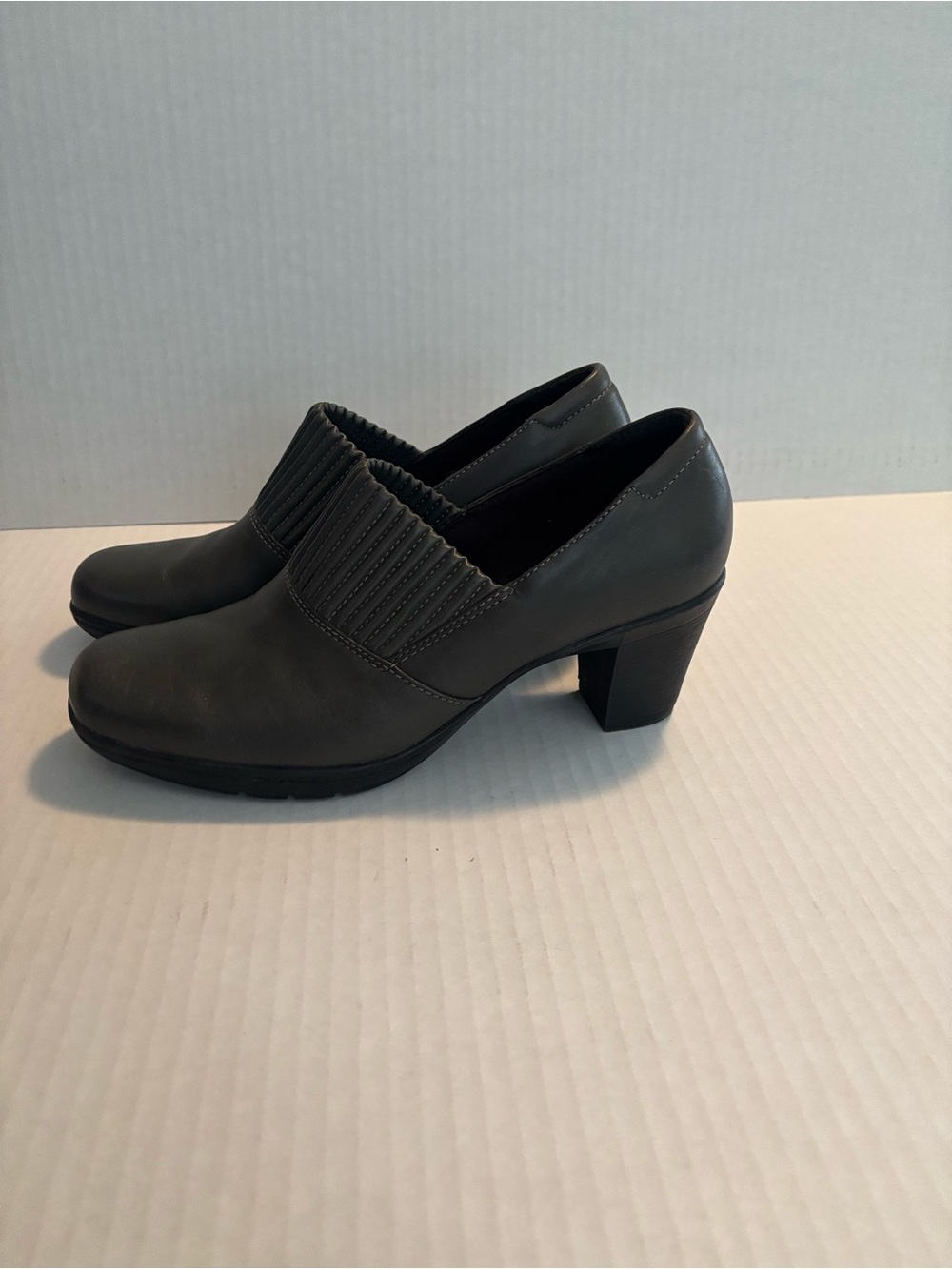 Clarks Grey Slip-On Block Heel Loafers